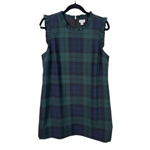 J. Crew Dress Womens 14 Green Black Watch Plaid Ruffleneck Shift Mini HEMMED